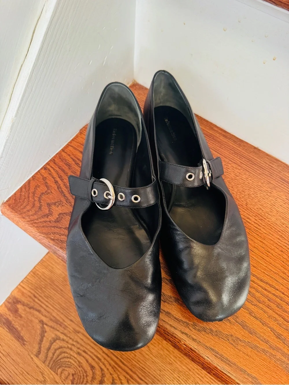 Reformation Black Leather Mary Jane Flats with Silver Buckles